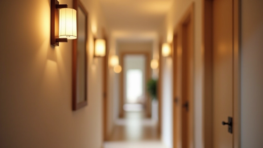 Iluminação ambiente quente em entrada, com candeeiro de parede elegante, criando atmosfera acolhedora