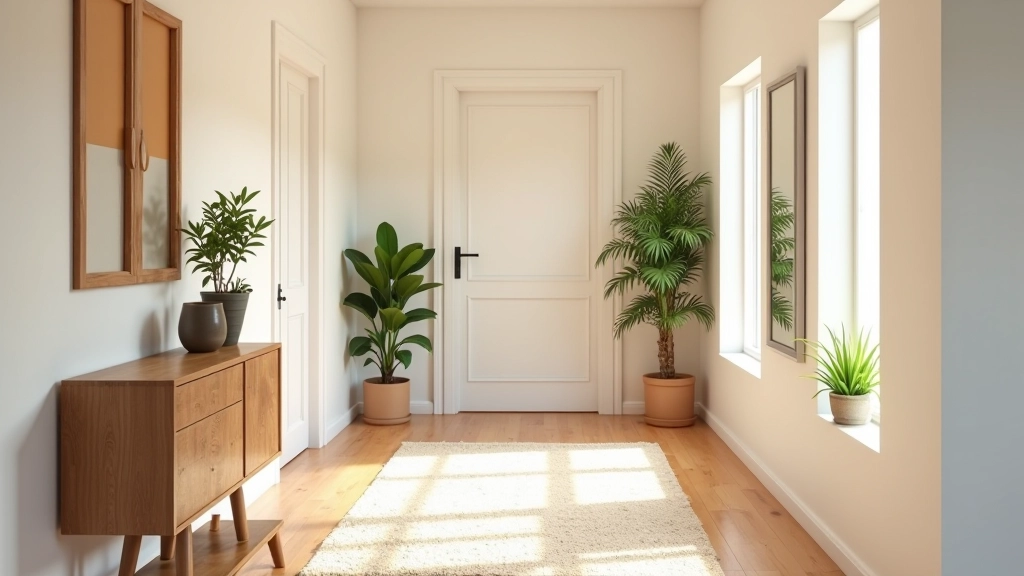 Entrada com plantas em vasos, tapete decorativo, console com acessórios, ambiente acolhedor e bem decorado