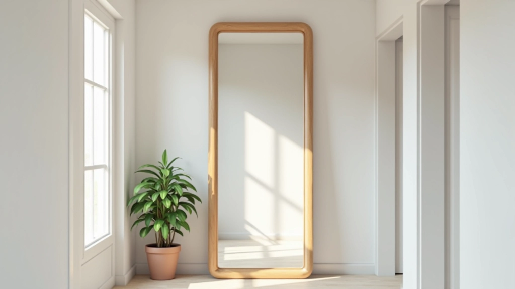 Espelho decorativo com moldura de madeira em entrada estreita, refletindo luz natural da janela, fazendo espaço parecer maior