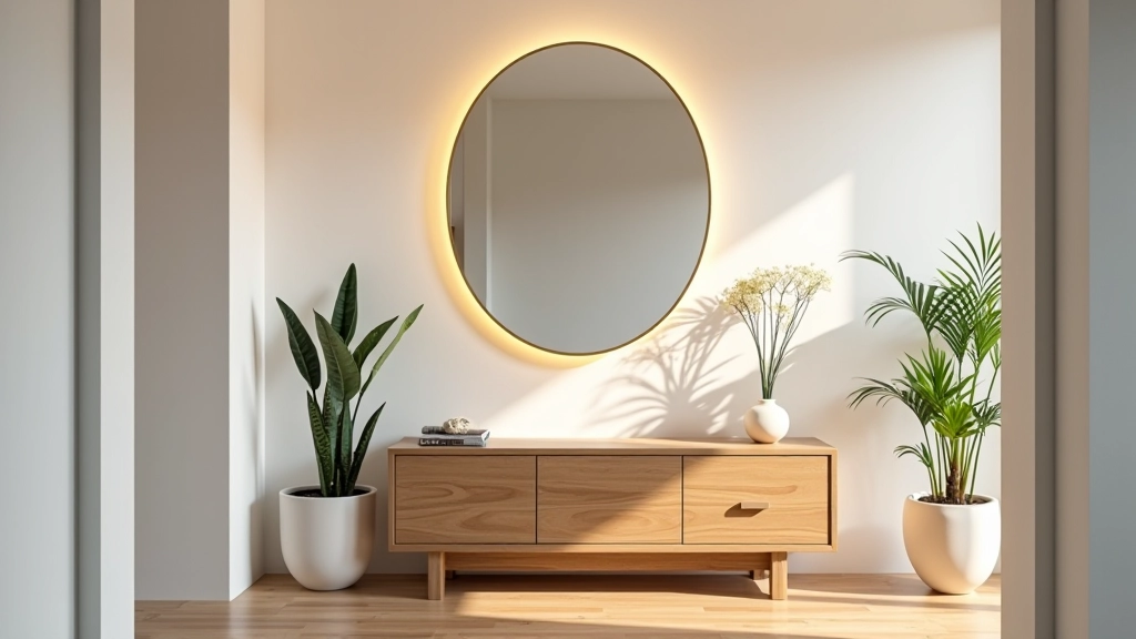 Entrada aconchegante com espelho grande, console elegante, plantas decorativas e iluminação ambiente quente