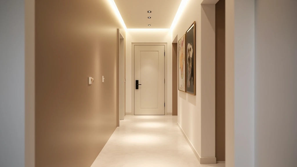 Corredor com iluminação LED branca atrás de moldura, criando ambiente acolhedor