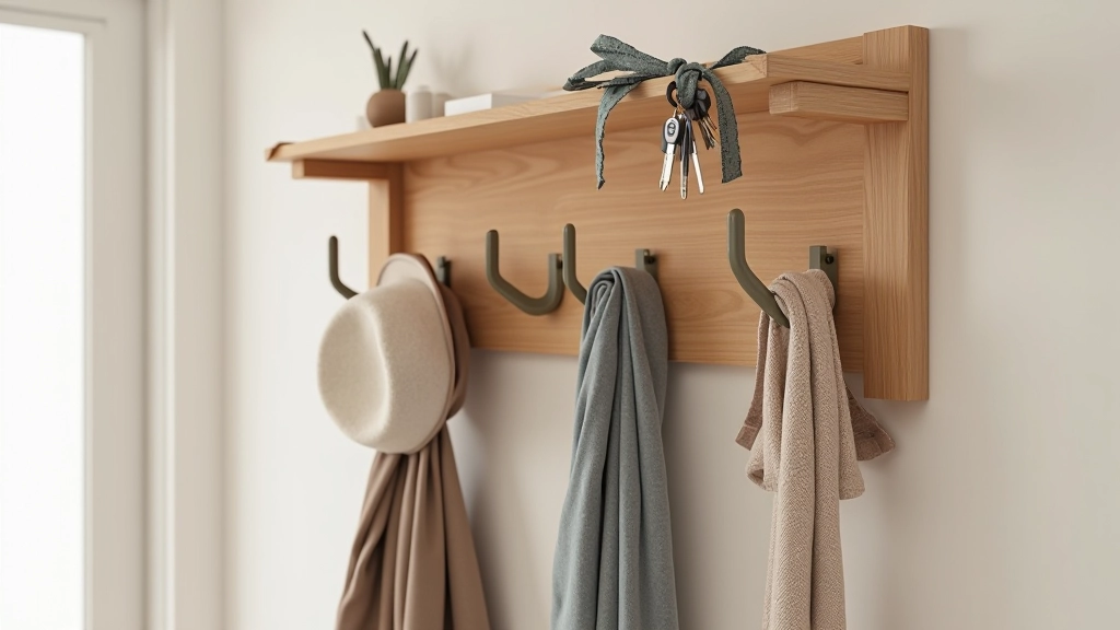Pendurador de parede em escada com múltiplos ganchos, chapéus e lenços pendurados, prateleira com objetos pessoais