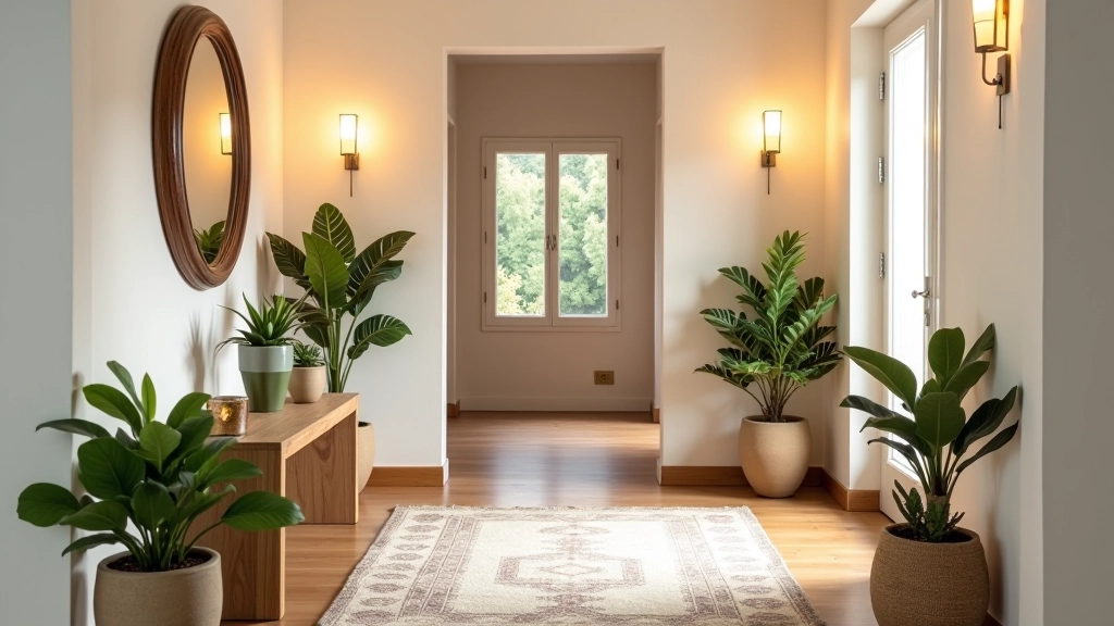 Entrada de casa com tapete, plantas em vasos, espelho decorativo, quadros na parede, ambiente acolhedor